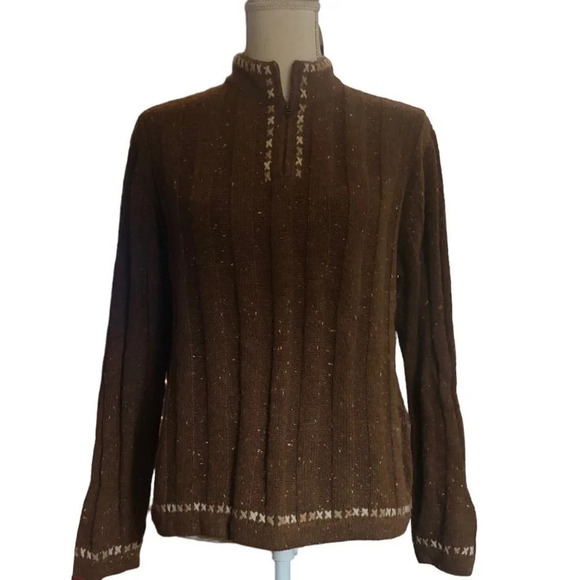 WOOLRICH Sz L Women's Dark Clove Wool Blend Long Sleeve 1/4 Zip Pullover Sweater - Picture 1 of 5